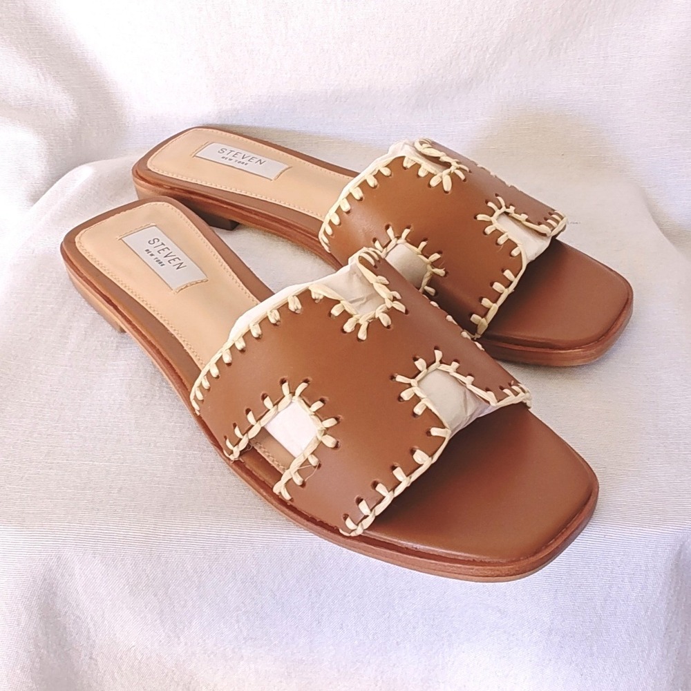 Steven New York Hayden Slide Sandals Cognac Tan Whipstitch H-Strap 9.5 Madden
